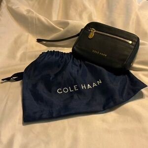NWT Cole Haan Black Leather Wristlet with Navy Dust Bag